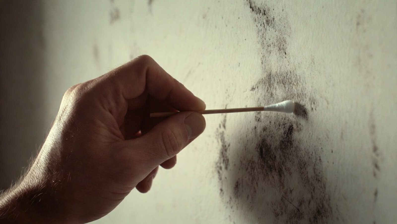 Close-up of a home inspector swab-testing a wall for mold during a Miami property inspection